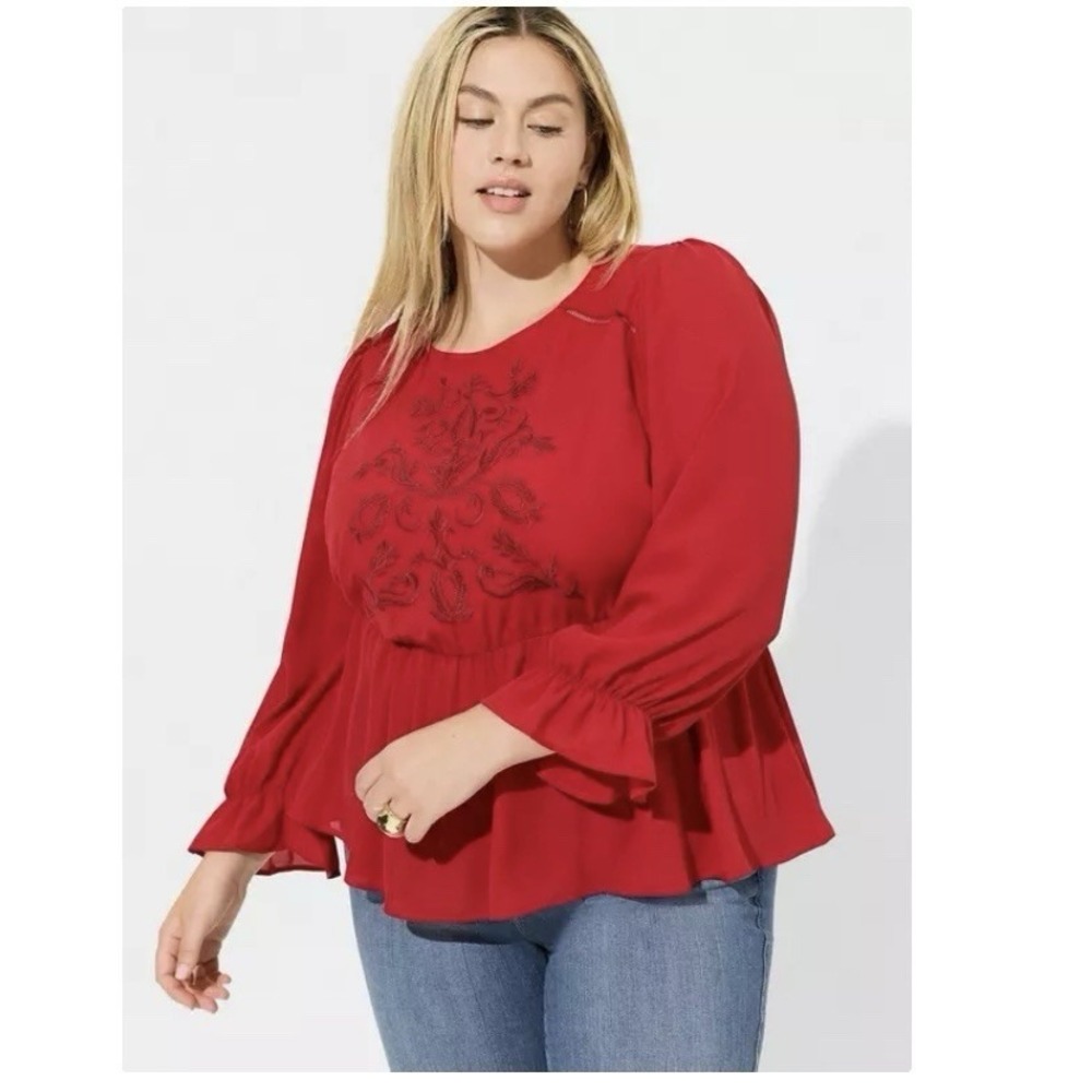 Torrid Red Peplum Georgette Embroidered Long Sleeve Blouse Size 2X